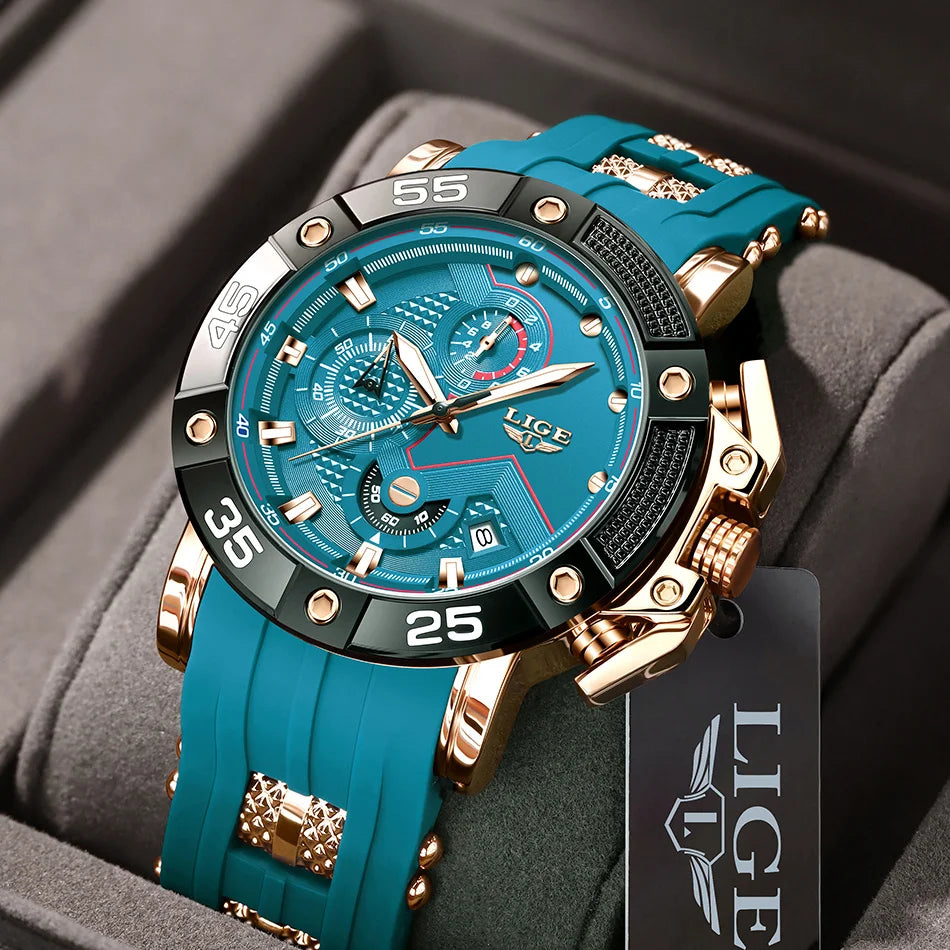 LIGE Men's Silicone Strap Military Sport Watch Waterproof Chronograph