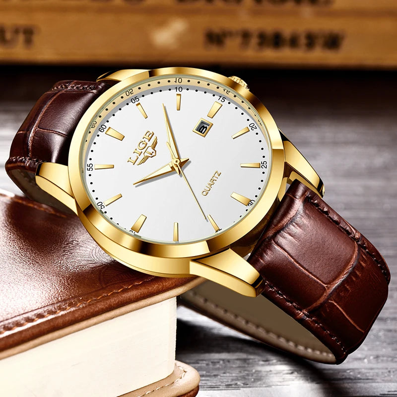 LIGE Men's Brown Leather Military Sports Watch Chronograph
