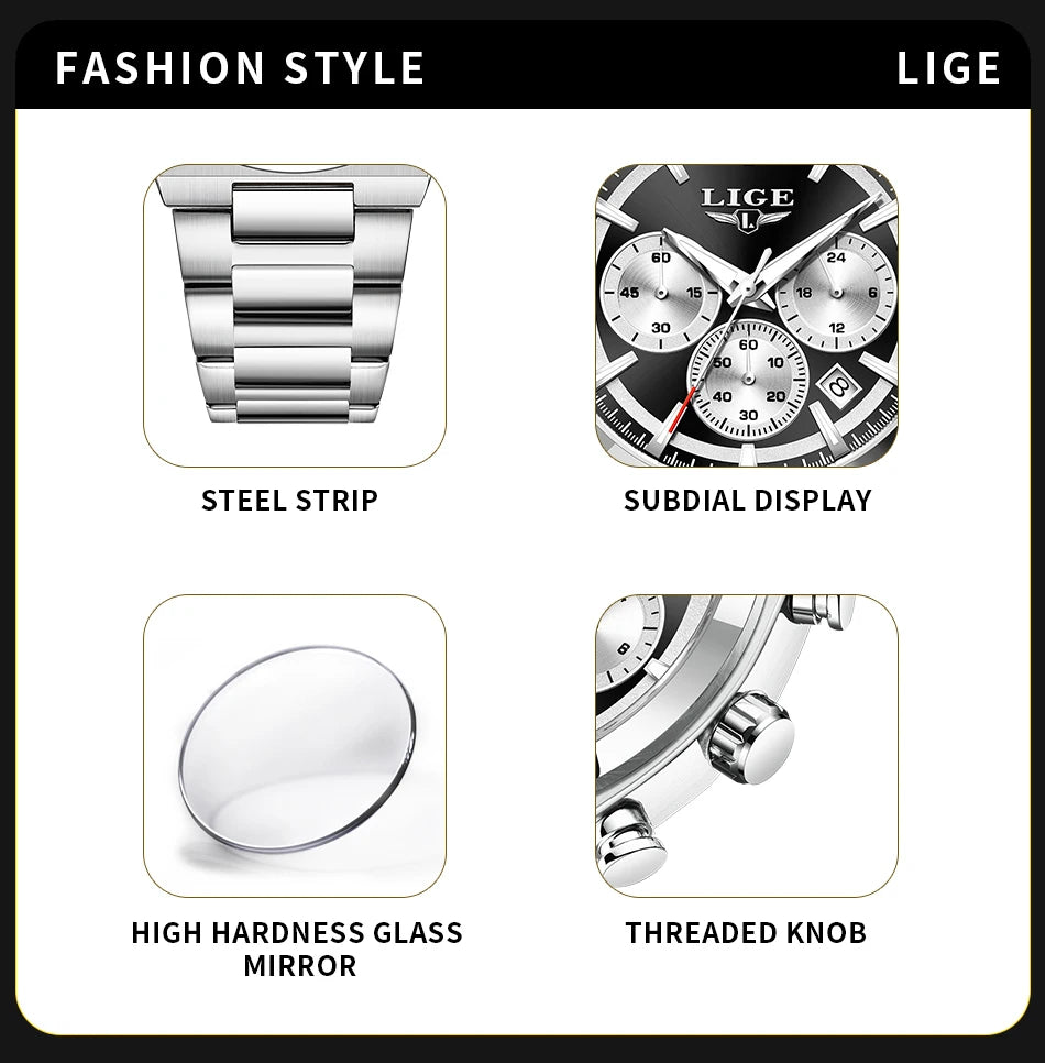 LIGE Men's Luxury Waterproof Watch Luminous Date Chronograph & Stainless Steel