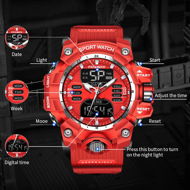 FOXBOX Men's Waterproof Sports Chronograph Military Quartz Digital Wristwatch