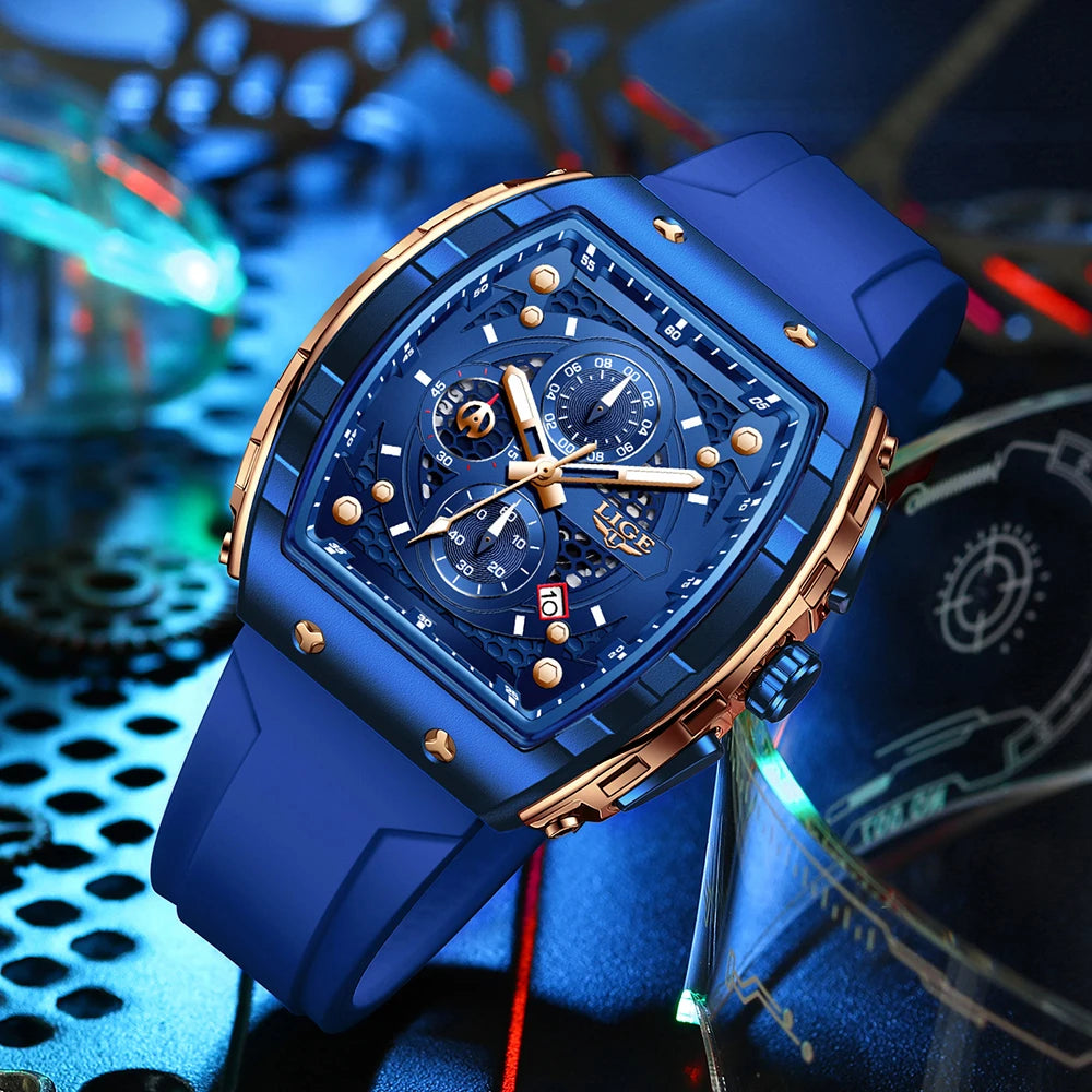 LIGE Men's Luxury Square Military Watch Silicone Waterproof