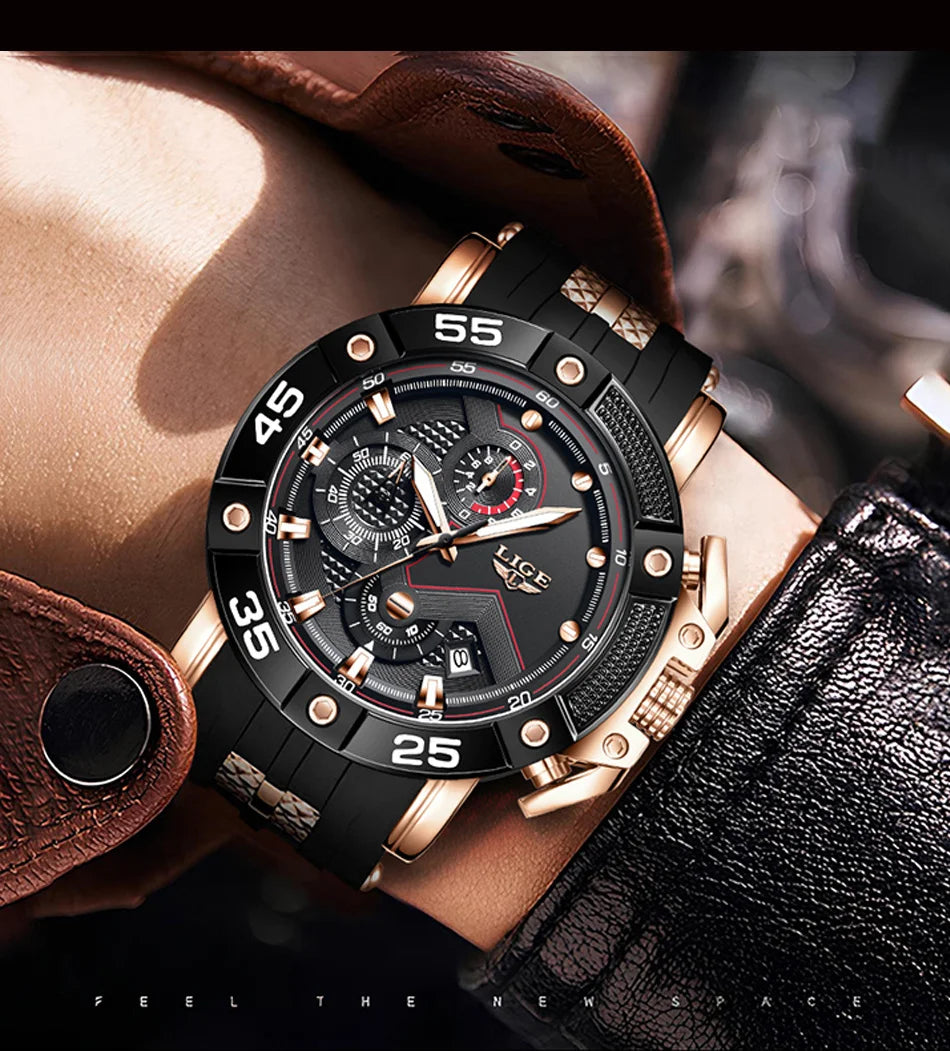 LIGE Men's Silicone Strap Military Sport Watch Waterproof Chronograph