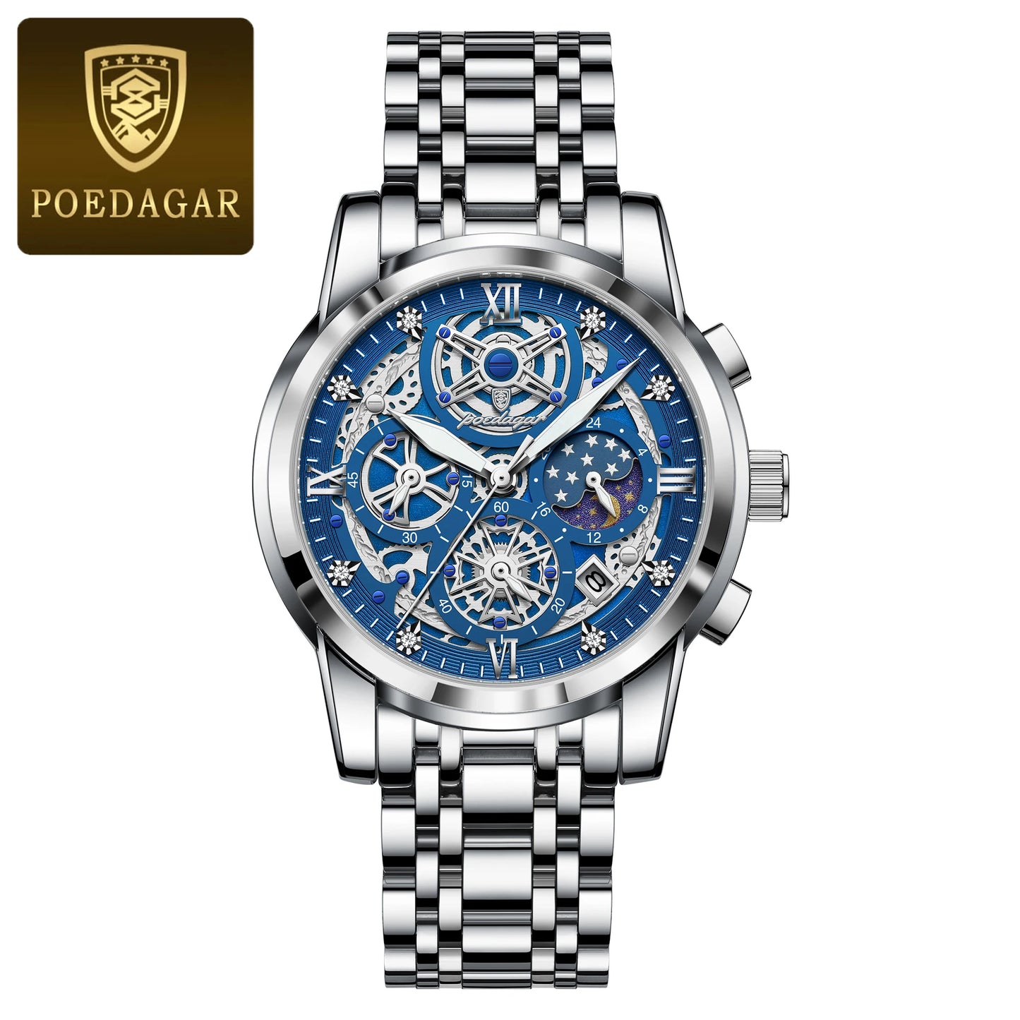 POEDAGAR Men's Luxury Fashion Stainless Steel+Chronograph Wristwatch