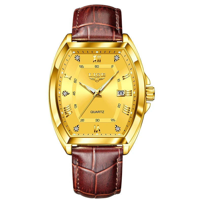 LIGE Men's Luxury Diamond Dial Leather Watch Waterproof Luminous