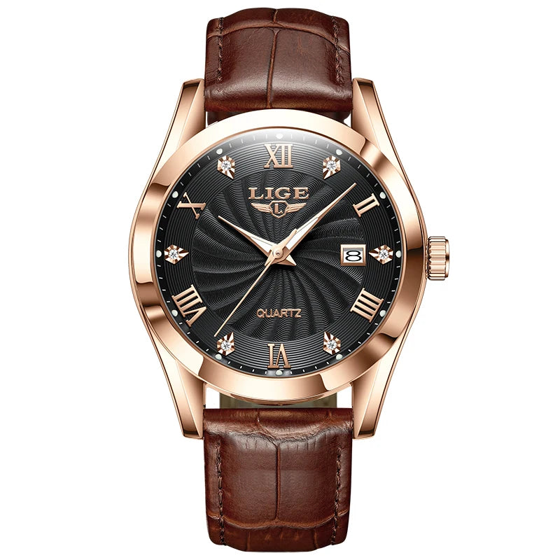 LIGE Men's Luxury Leather Sports Watch Waterproof Luminous