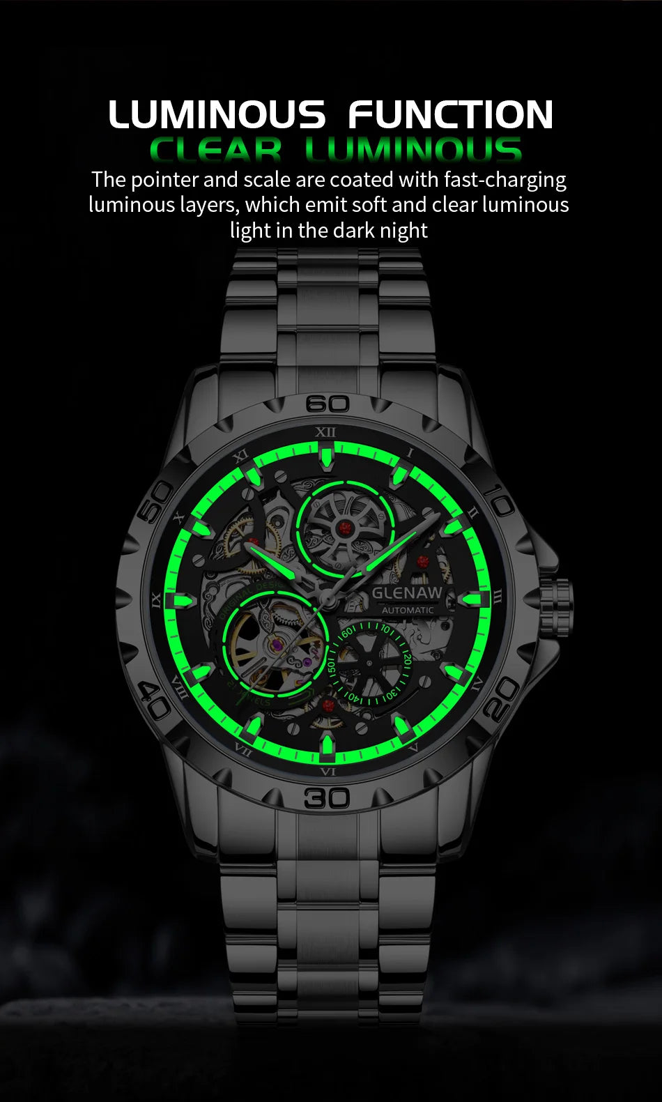 GLENAW Men's Steampunk Skeleton Waterproof Watch Luminous Stainless Steel Strap