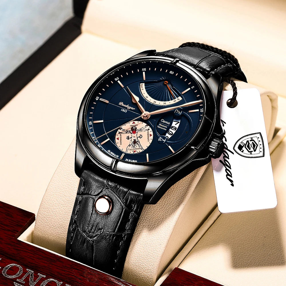 POEDAGAR Men's Luxury Business Leather Wristwatch Waterproof Luminous
