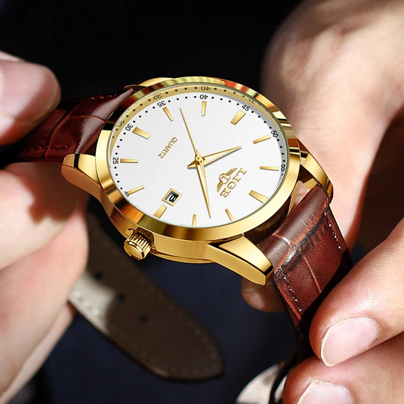 LIGE Men's Brown Leather Military Sports Watch Chronograph
