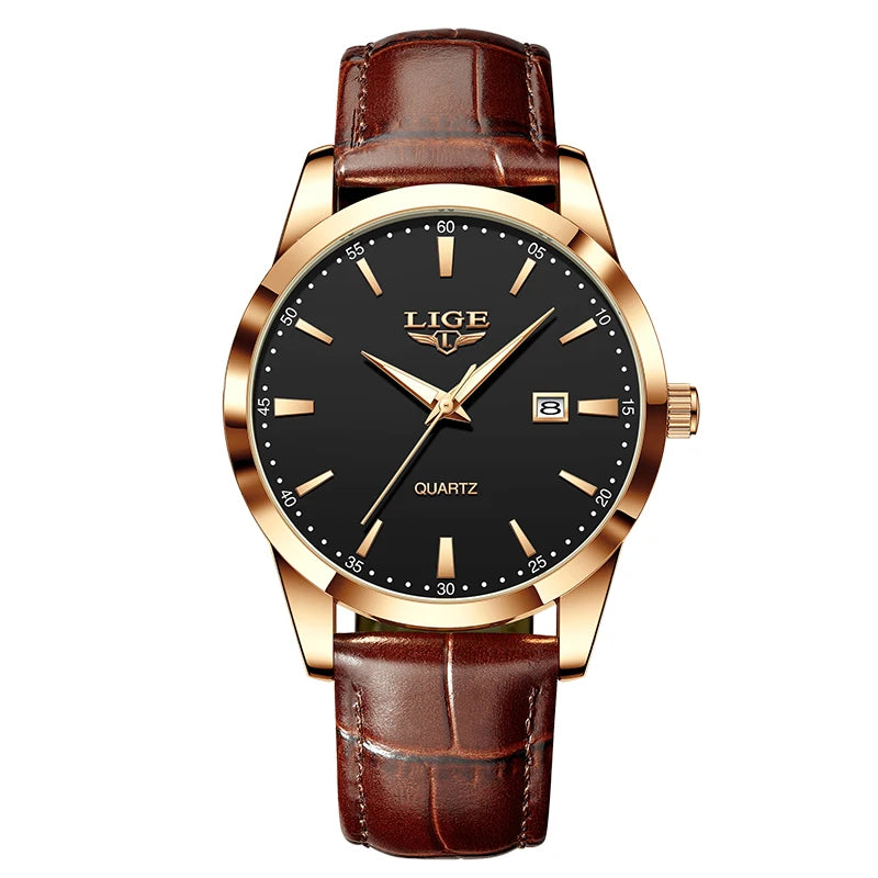 LIGE Men's Brown Leather Military Sports Watch Chronograph