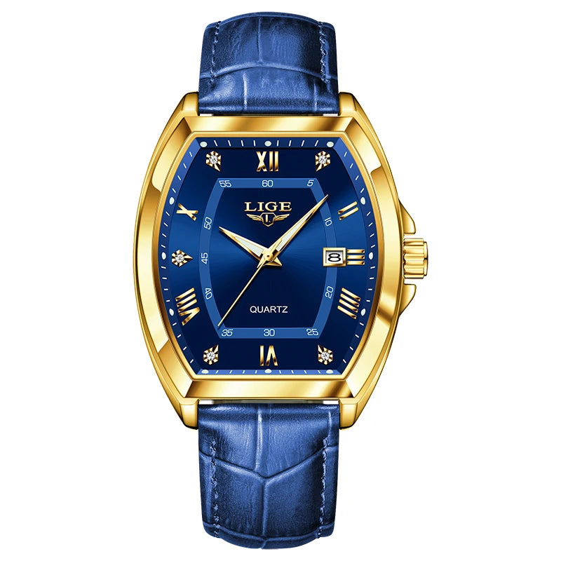 LIGE Men's Luxury Diamond Dial Leather Watch Waterproof Luminous