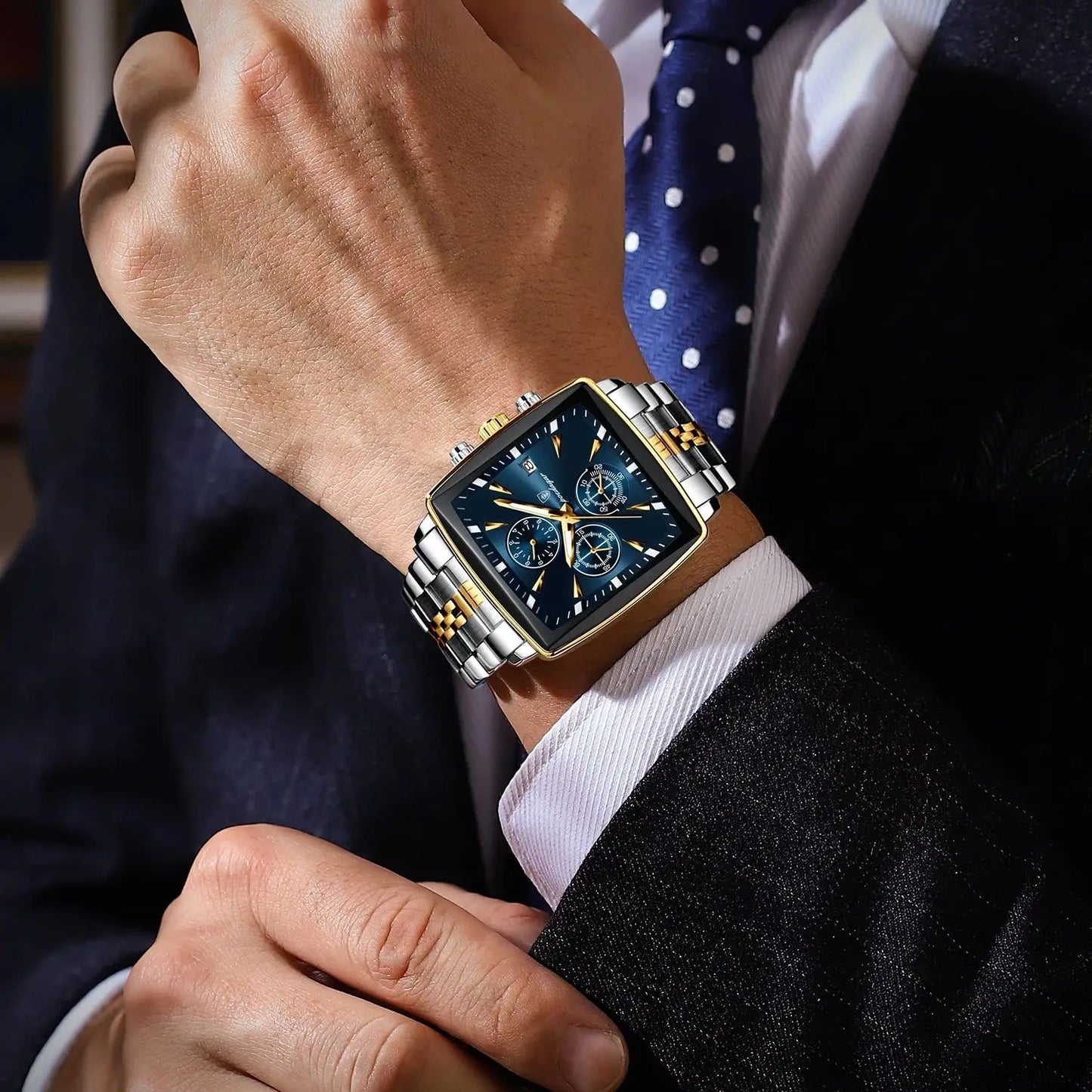 POEDAGAR Men's Luminous Waterproof Square Face Chronograph Stainless Steel Wristwatch