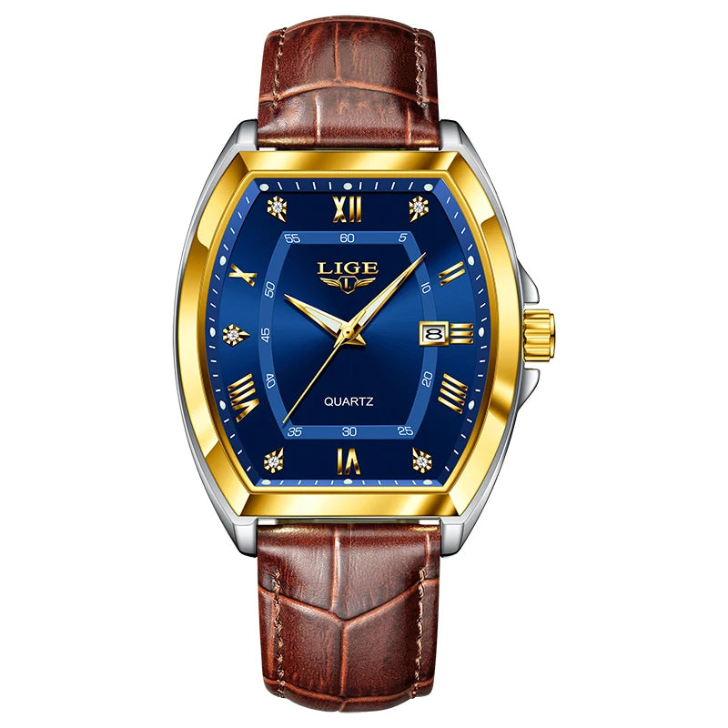 LIGE Men's Luxury Diamond Dial Leather Watch Waterproof Luminous