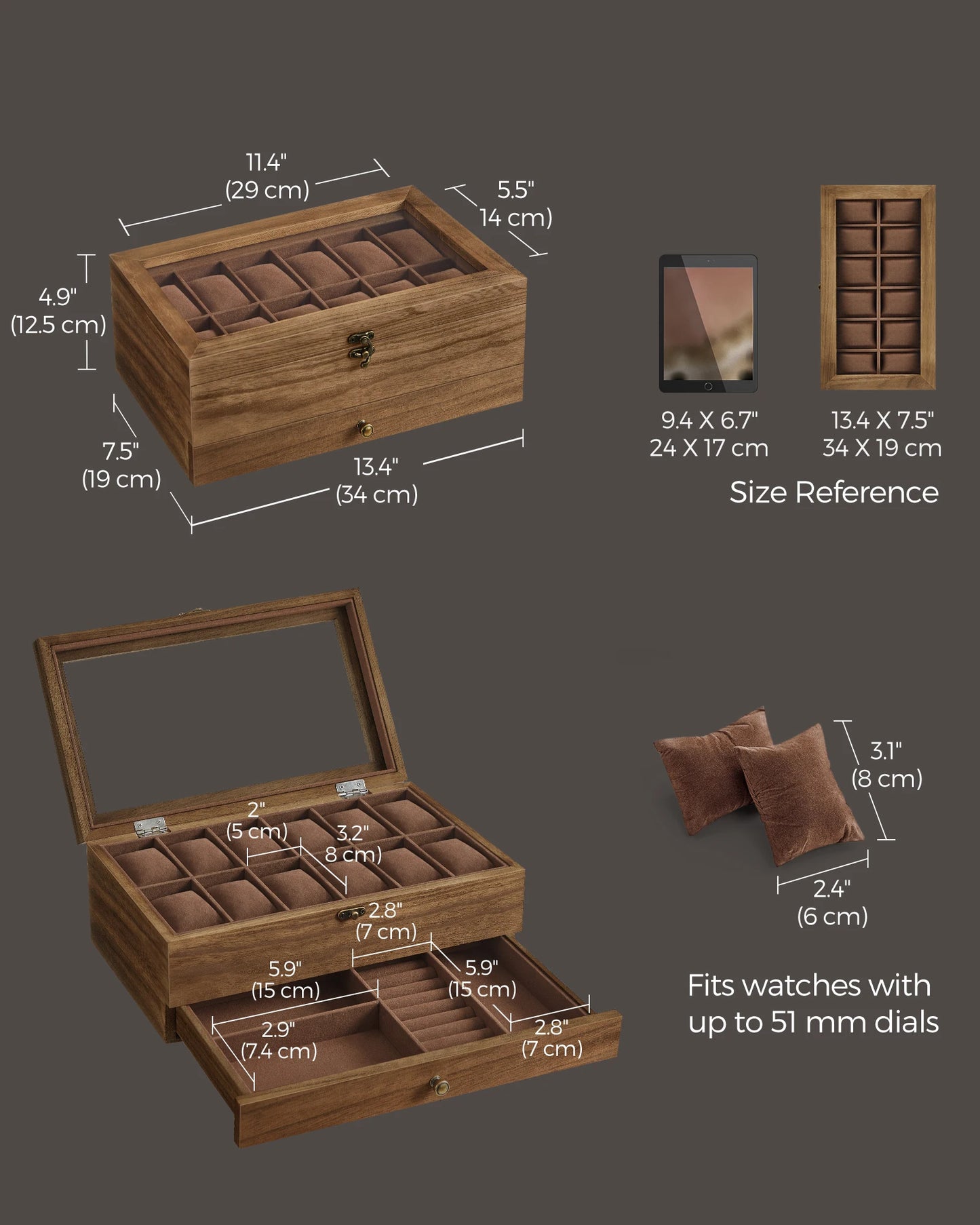SONGMICS 12-Slot Watch Box, 2-Tier Watch Display Case with Large Glass Lid and Removable Watch Pillows | Velvet Lining | Accessory Box