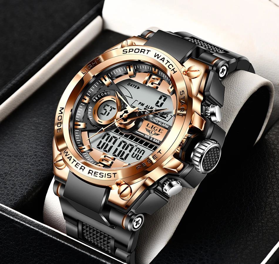 LIGE Men's Digital Sport Military Watch 50m Waterproof LED