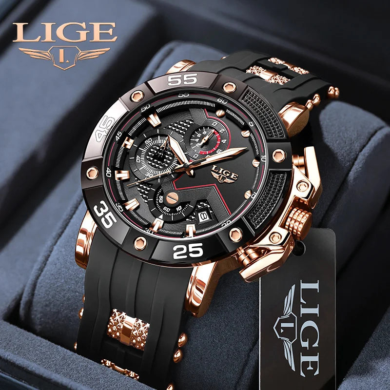 LIGE Men's Silicone Strap Military Sport Watch Waterproof Chronograph