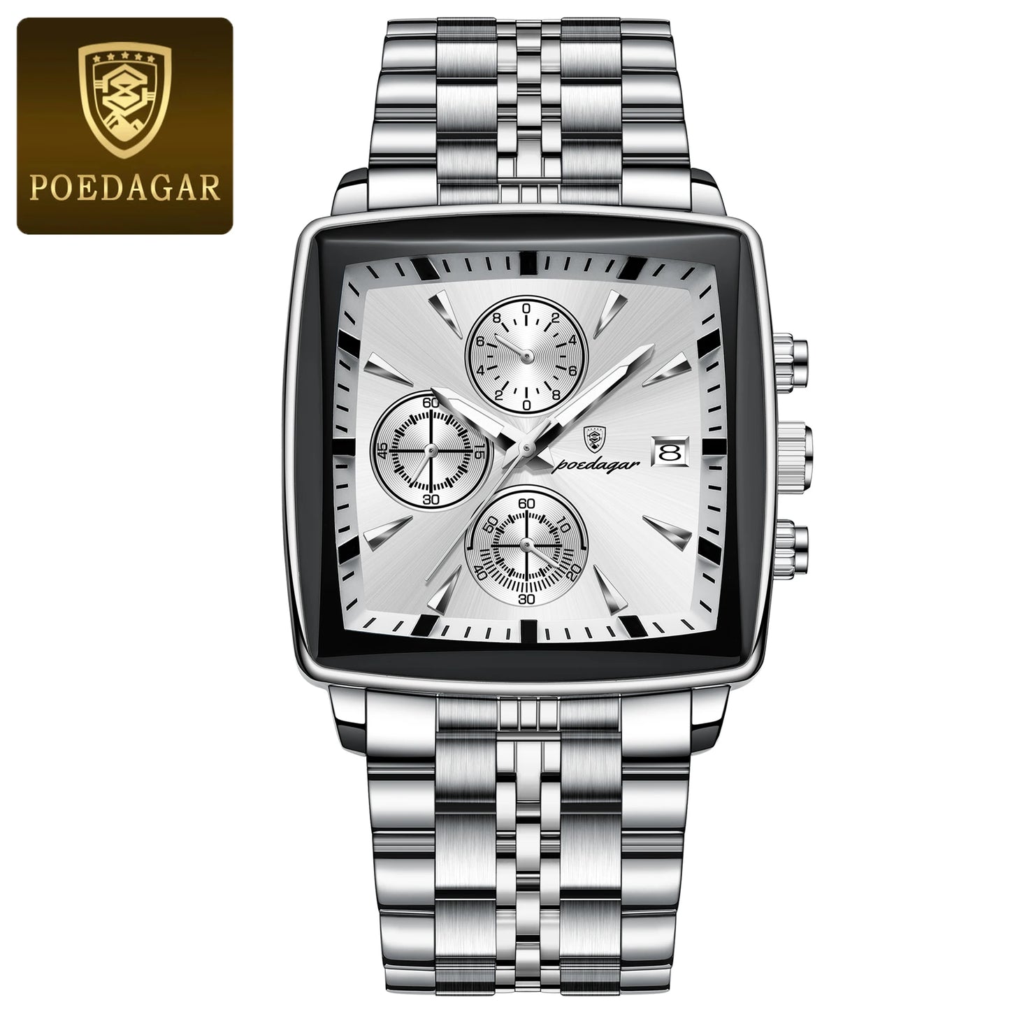 POEDAGAR Men's Business Waterproof Square Luminous Chronograph Watch Stainless Steel