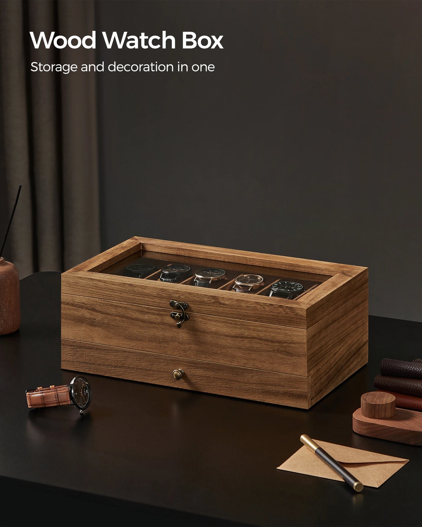 SONGMICS 12-Slot Watch Box, 2-Tier Watch Display Case with Large Glass Lid and Removable Watch Pillows | Velvet Lining | Accessory Box