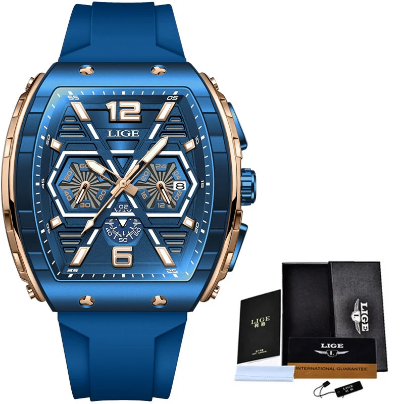 LIGE Men's Luxury Square Silicone Military Watch Waterproof