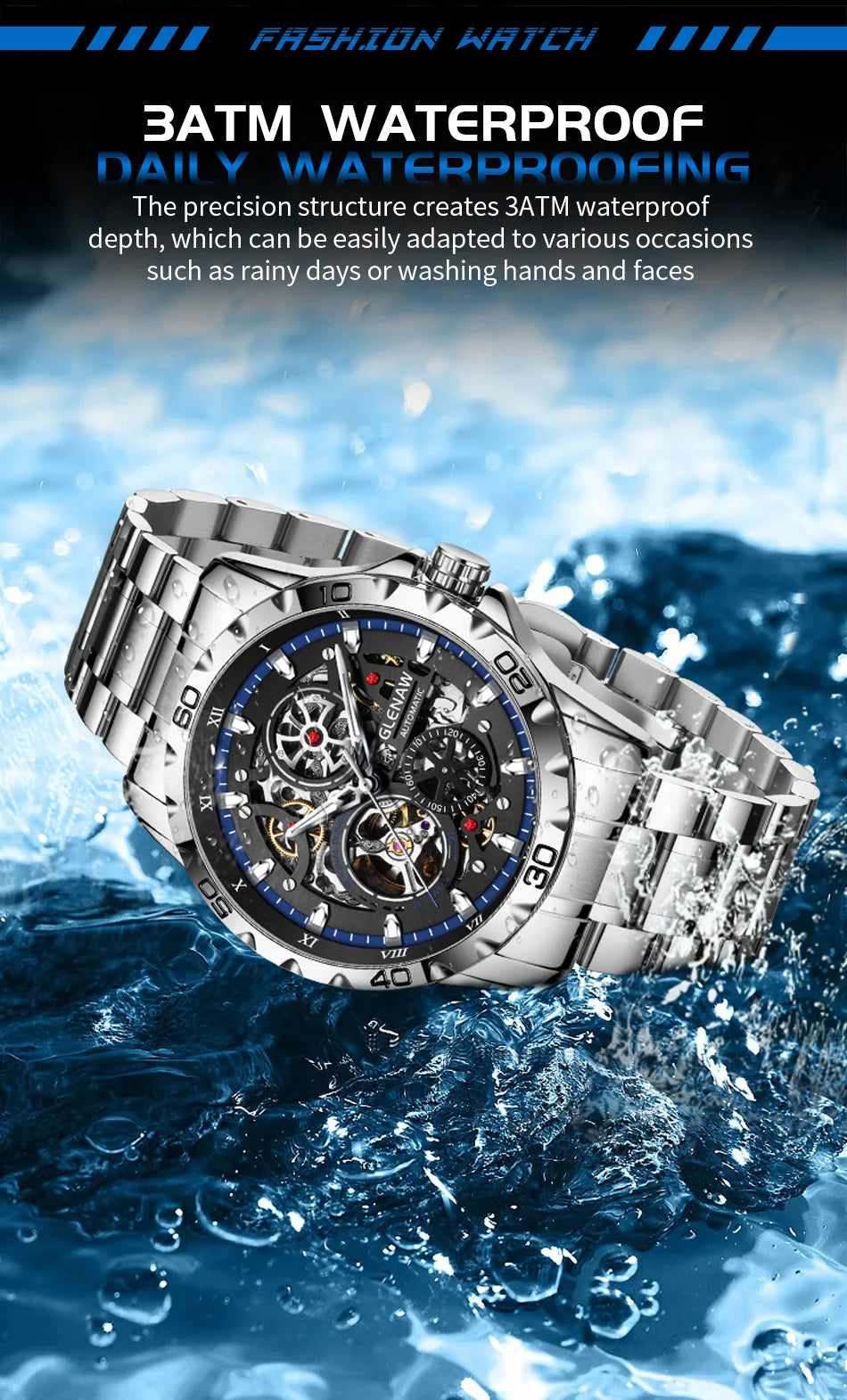 GLENAW Men's Steampunk Skeleton Waterproof Watch Luminous Stainless Steel Strap