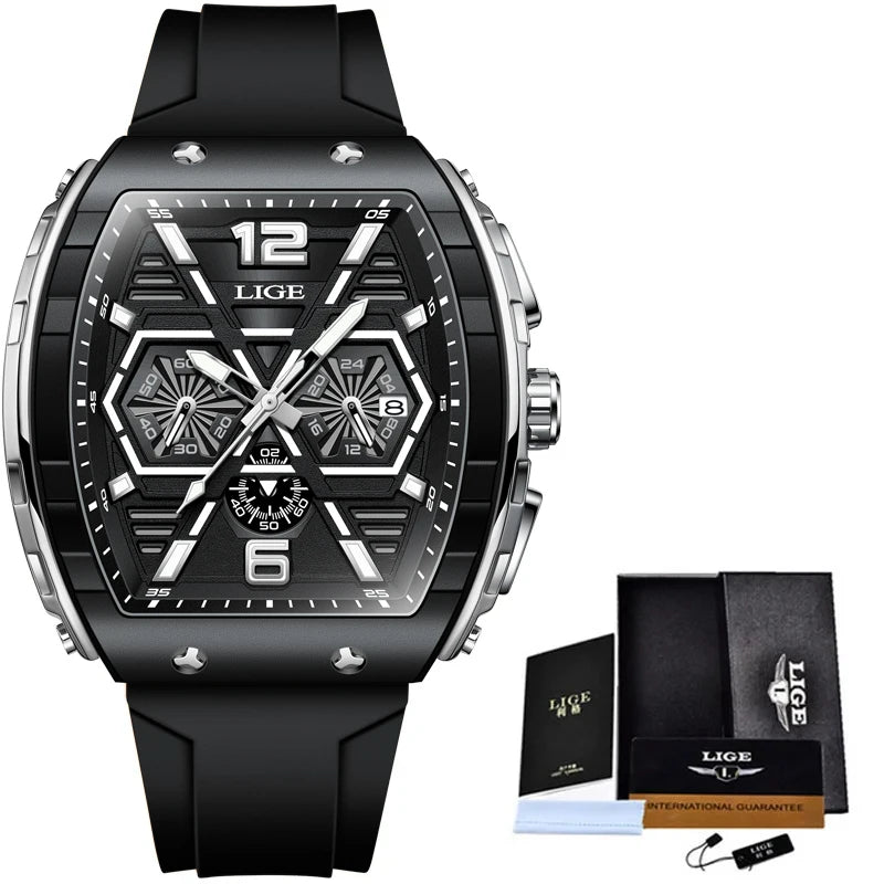 LIGE Men's Luxury Square Silicone Military Watch Waterproof