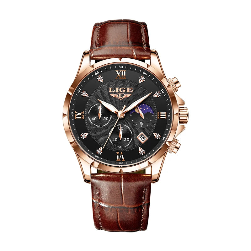 LIGE Men's Luxury Leather Casual Business Watch Waterproof Luminous