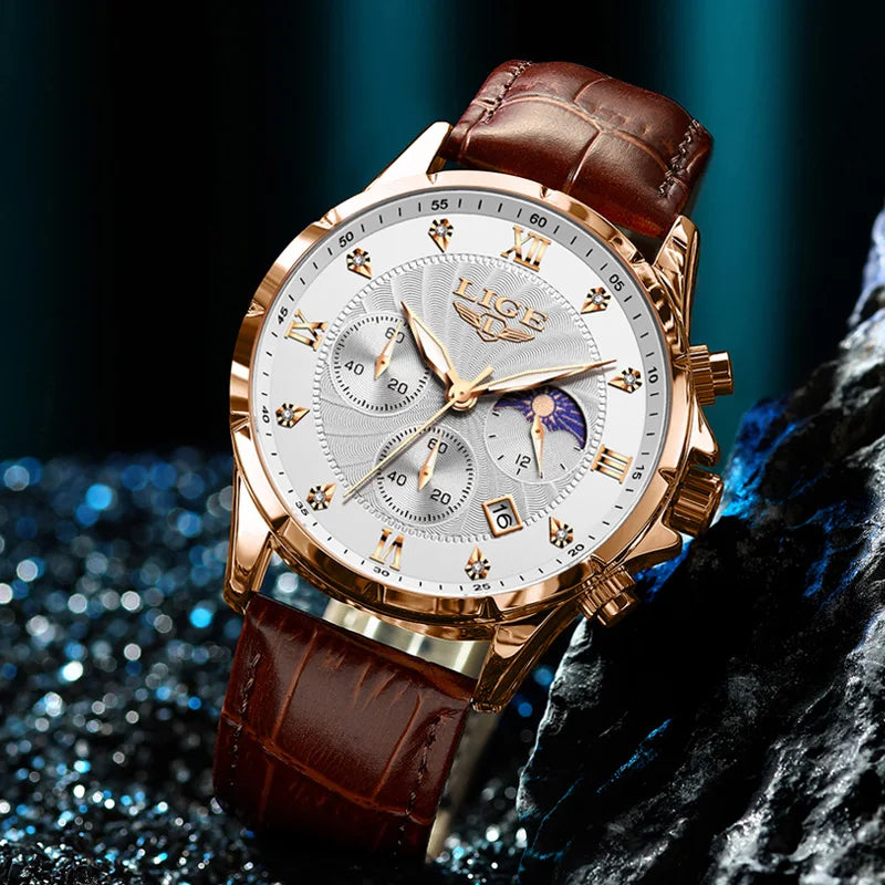 LIGE Men's Luxury Leather Casual Business Watch Waterproof Luminous