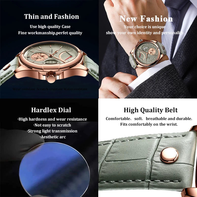 POEDAGAR Men's Luxury Business Leather Wristwatch Waterproof Luminous