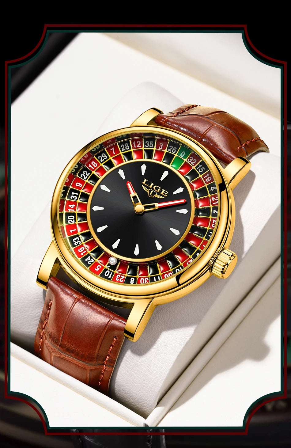 LIGE Men's Fashion Brown/Black Leather Watch Rotating Dial Las Vegas Roulette Waterproof