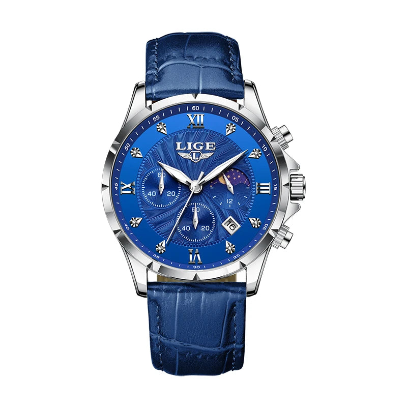 LIGE Men's Luxury Leather Casual Business Watch Waterproof Luminous