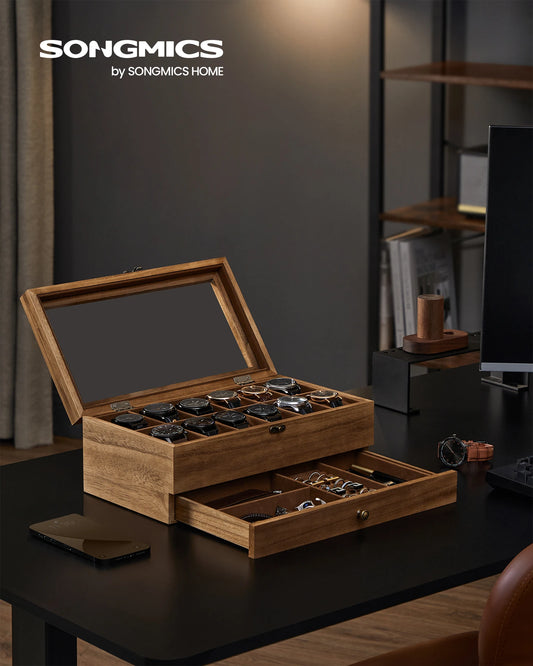 SONGMICS 12-Slot Watch Box, 2-Tier Watch Display Case with Large Glass Lid and Removable Watch Pillows | Velvet Lining | Accessory Box