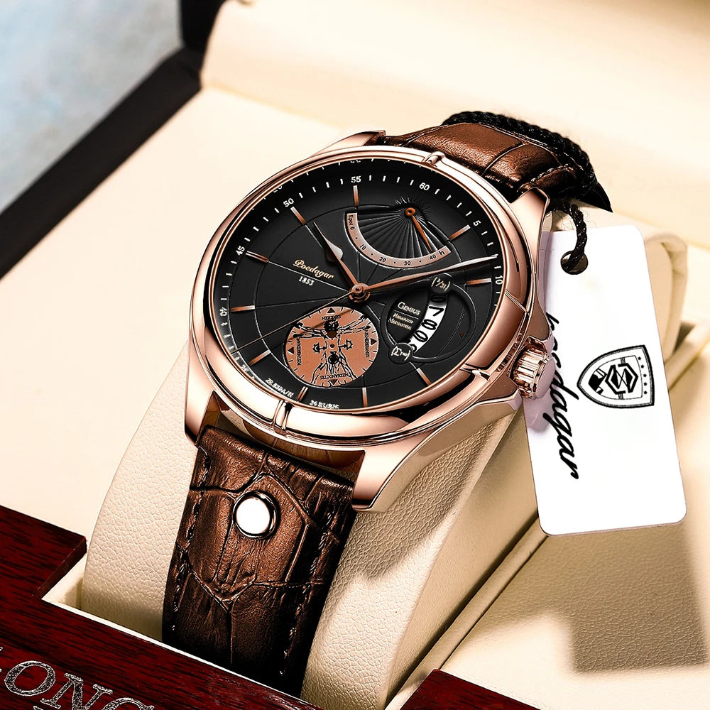 POEDAGAR Men's Luxury Business Leather Wristwatch Waterproof Luminous