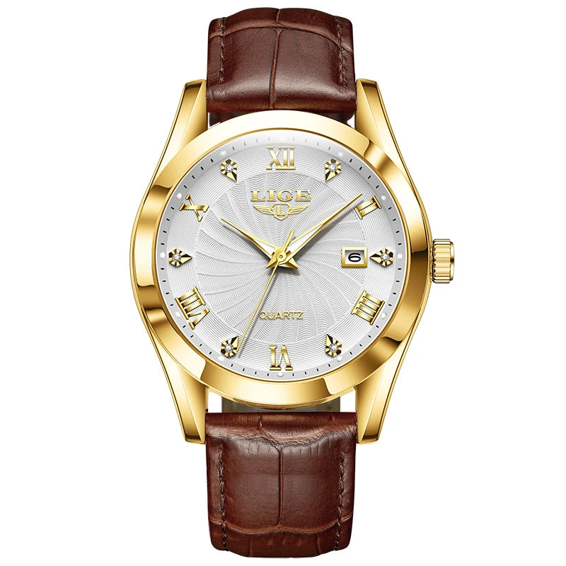 LIGE Men's Luxury Leather Sports Watch Waterproof Luminous