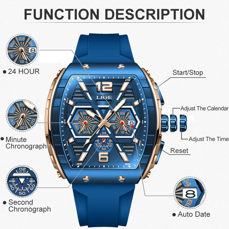 LIGE Men's Luxury Square Silicone Military Watch Waterproof