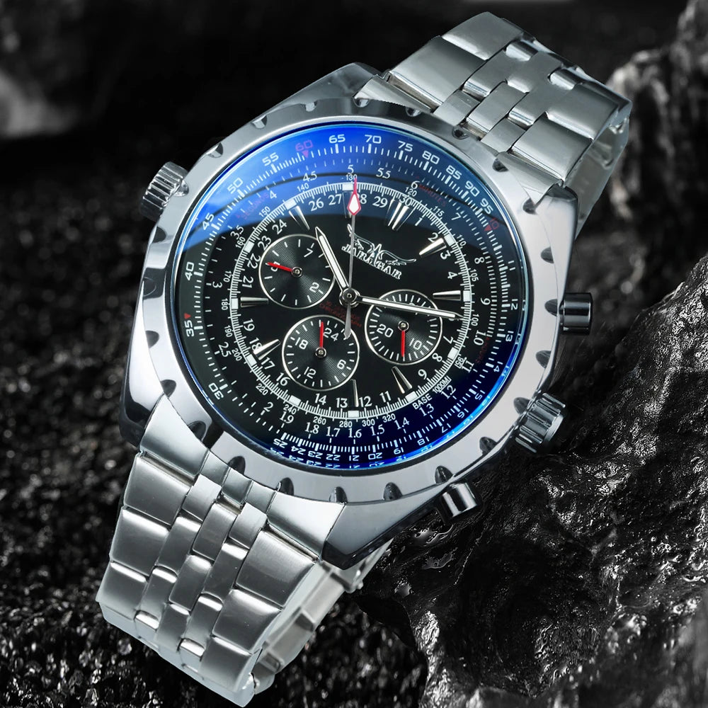 JARAGAR Men's Military Luxury Sport Watch Brand with Silver Stainless Steel Strap