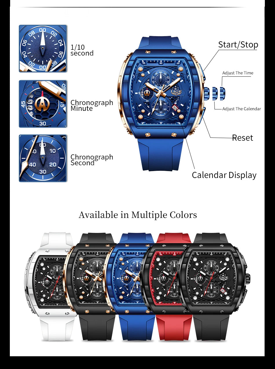 LIGE Men's Luxury Square Military Watch Silicone Waterproof