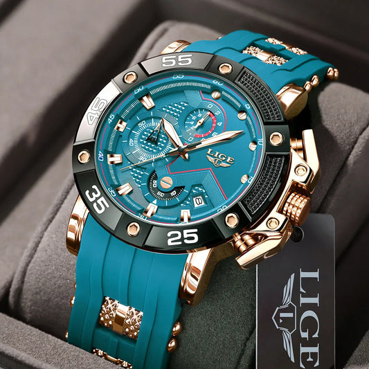 LIGE Men's Silicone Strap Military Sport Watch Waterproof Chronograph