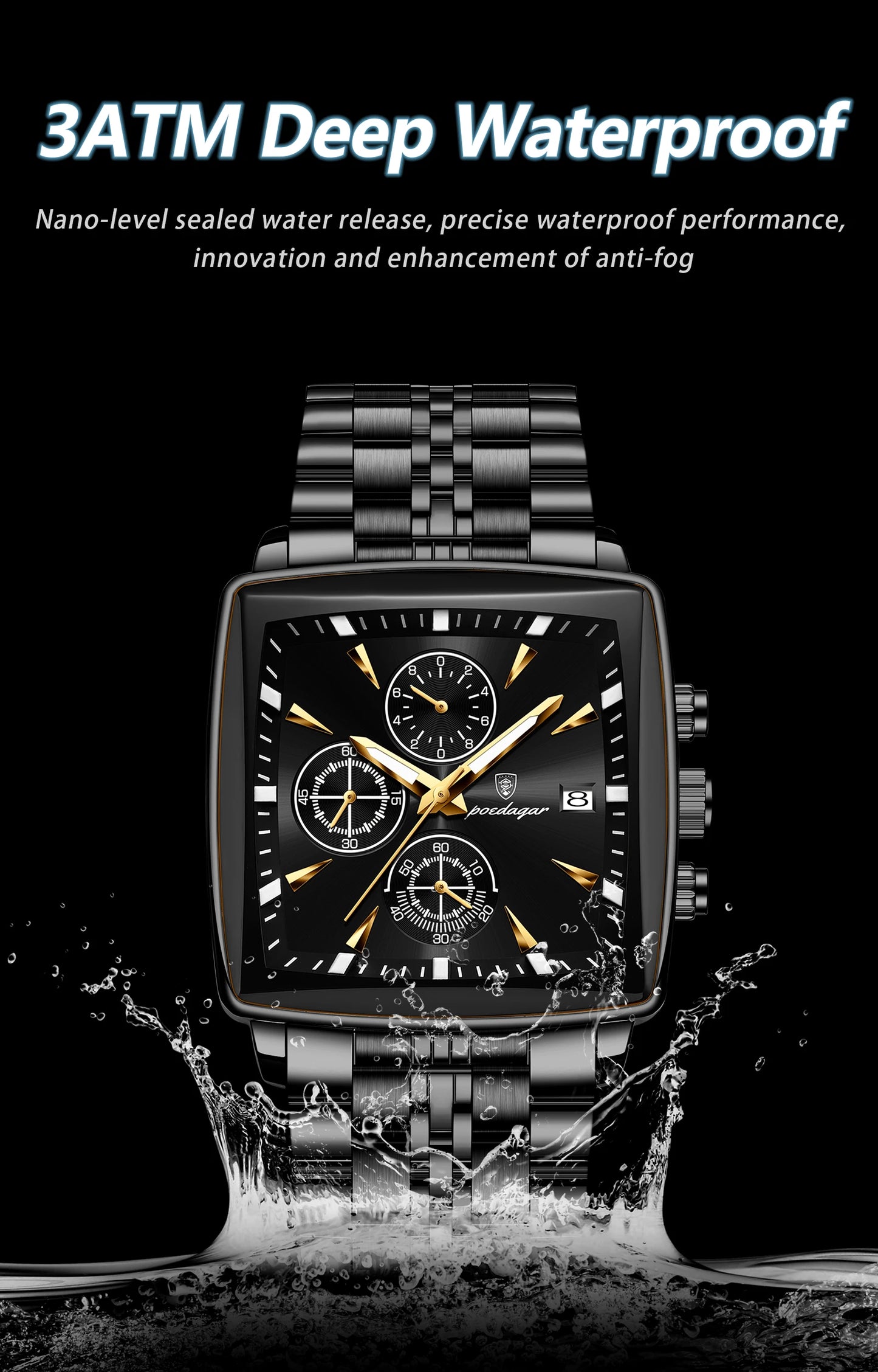 POEDAGAR Men's Business Waterproof Square Luminous Chronograph Watch Stainless Steel