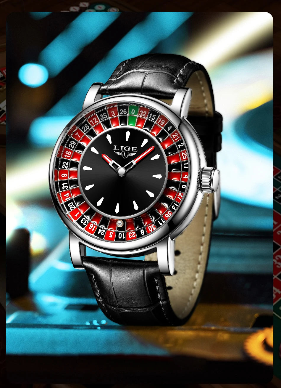 LIGE Men's Fashion Brown/Black Leather Watch Rotating Dial Las Vegas Roulette Waterproof