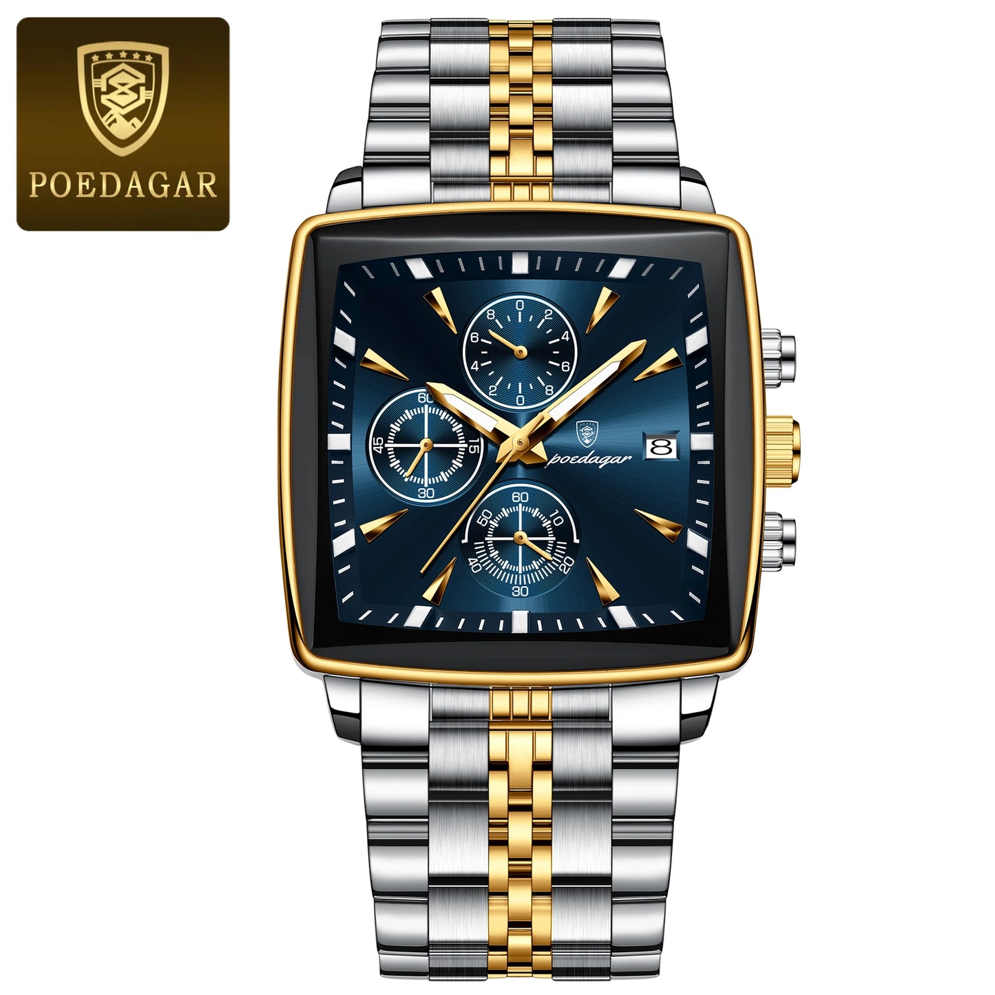 POEDAGAR Men's Luminous Waterproof Square Face Chronograph Stainless Steel Wristwatch
