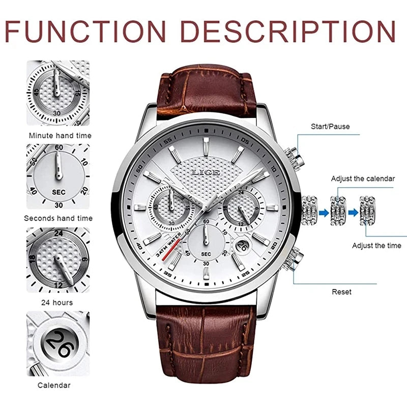 LIGE Men's Leather Luxury Sports Watch Waterproof