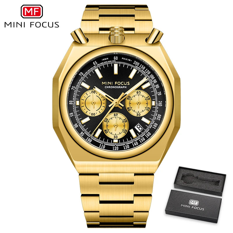 MINI FOCUS Men's Multifunctional Bull Head Quartz Watch Luminous with Stainless Steel Strap