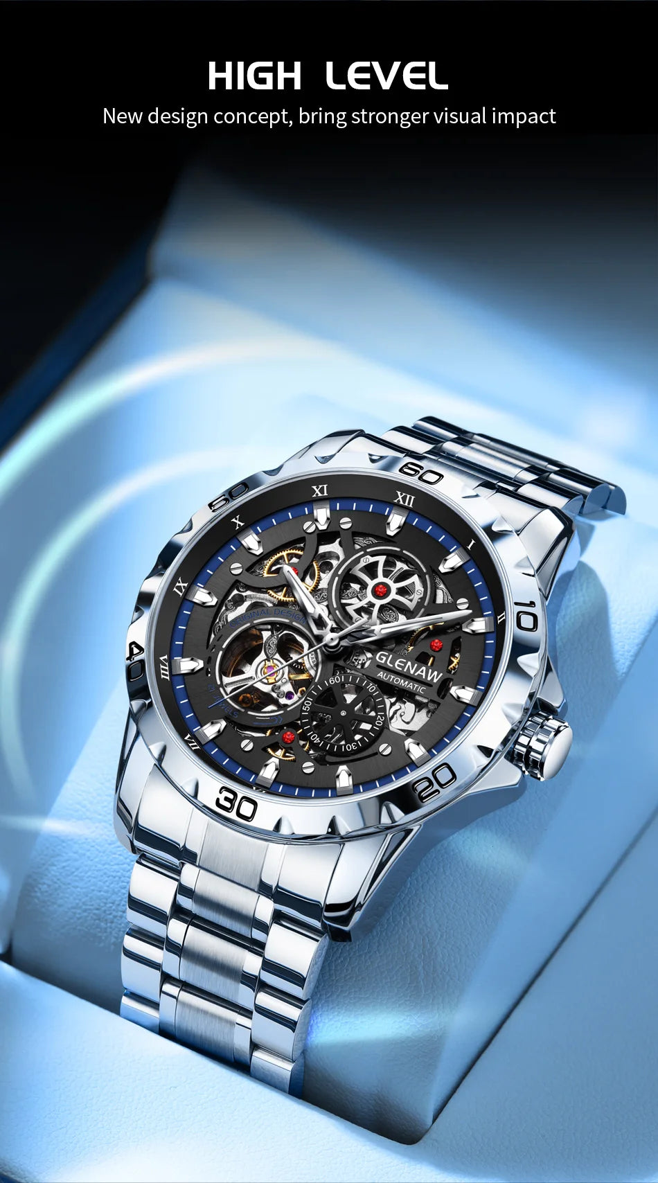GLENAW Men's Steampunk Skeleton Waterproof Watch Luminous Stainless Steel Strap