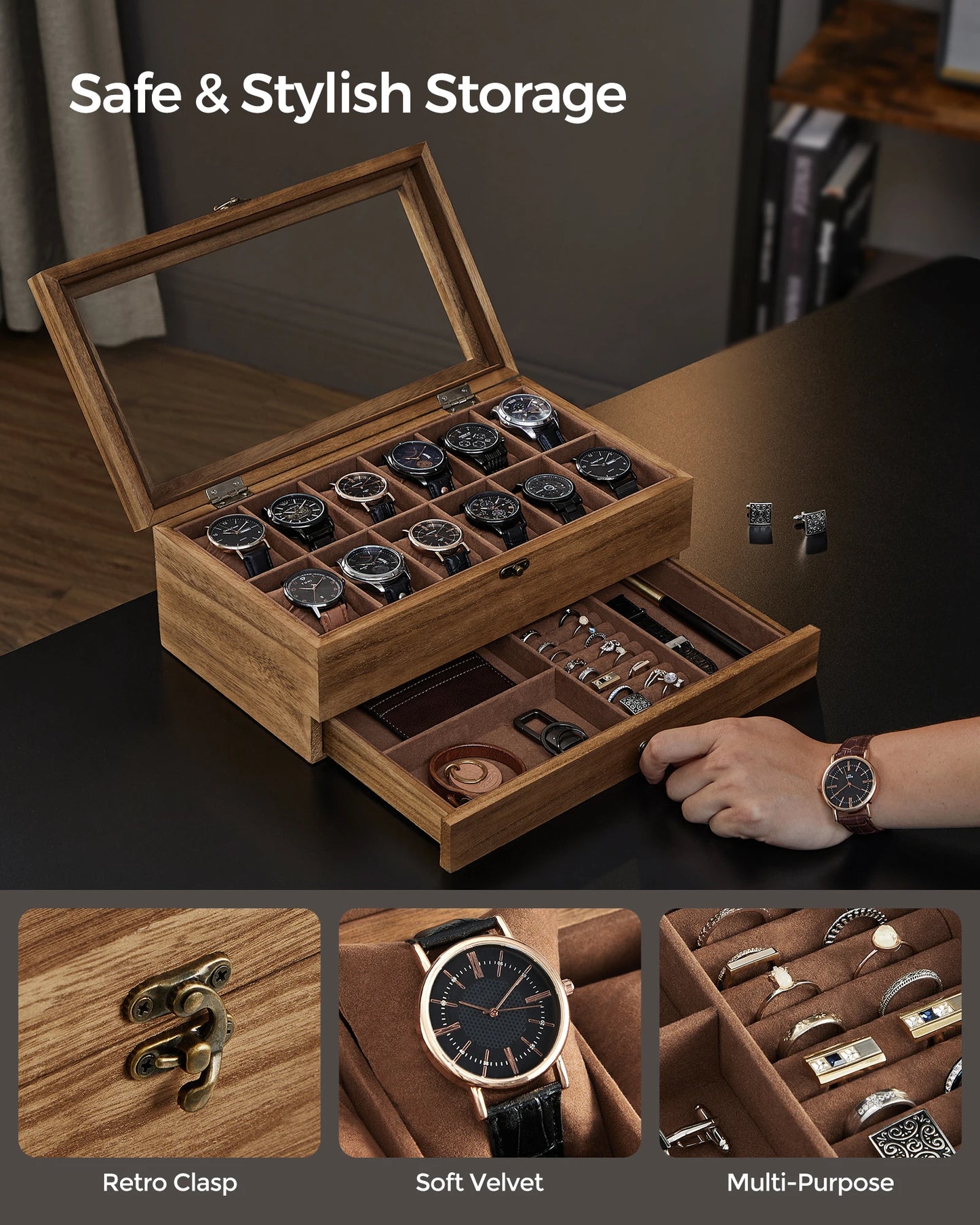 SONGMICS 12-Slot Watch Box, 2-Tier Watch Display Case with Large Glass Lid and Removable Watch Pillows | Velvet Lining | Accessory Box