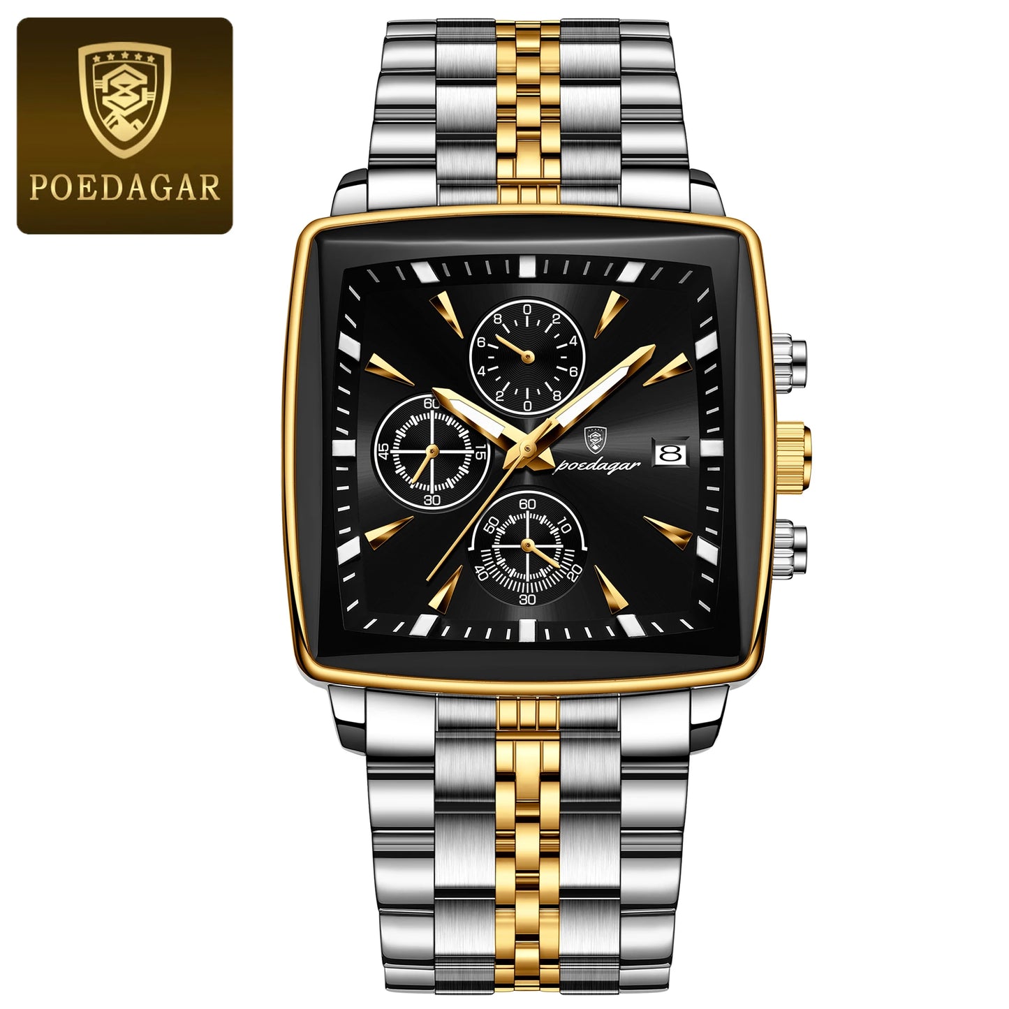 POEDAGAR Men's Luminous Waterproof Square Face Chronograph Stainless Steel Wristwatch