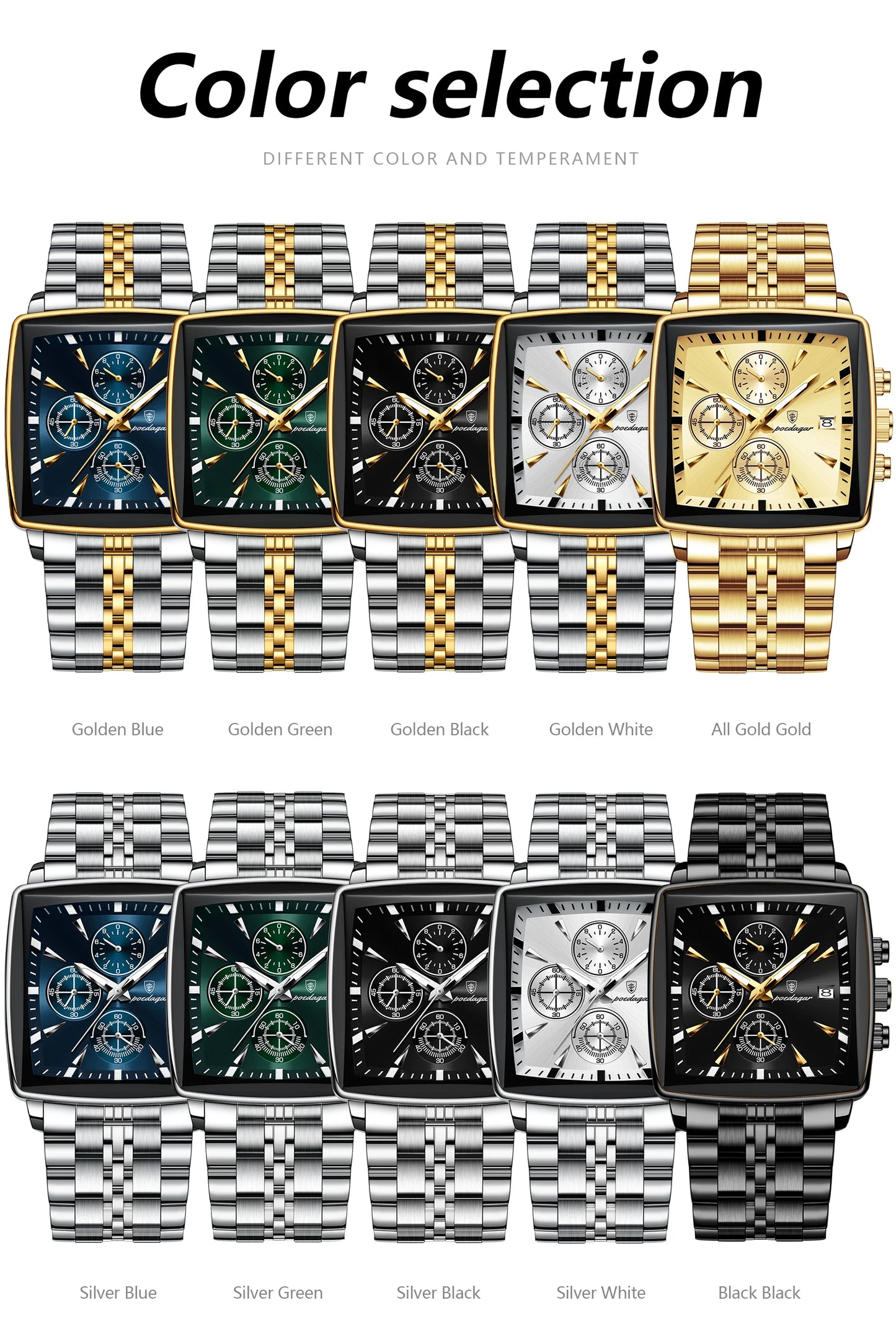 POEDAGAR Men's Luminous Waterproof Square Face Chronograph Stainless Steel Wristwatch