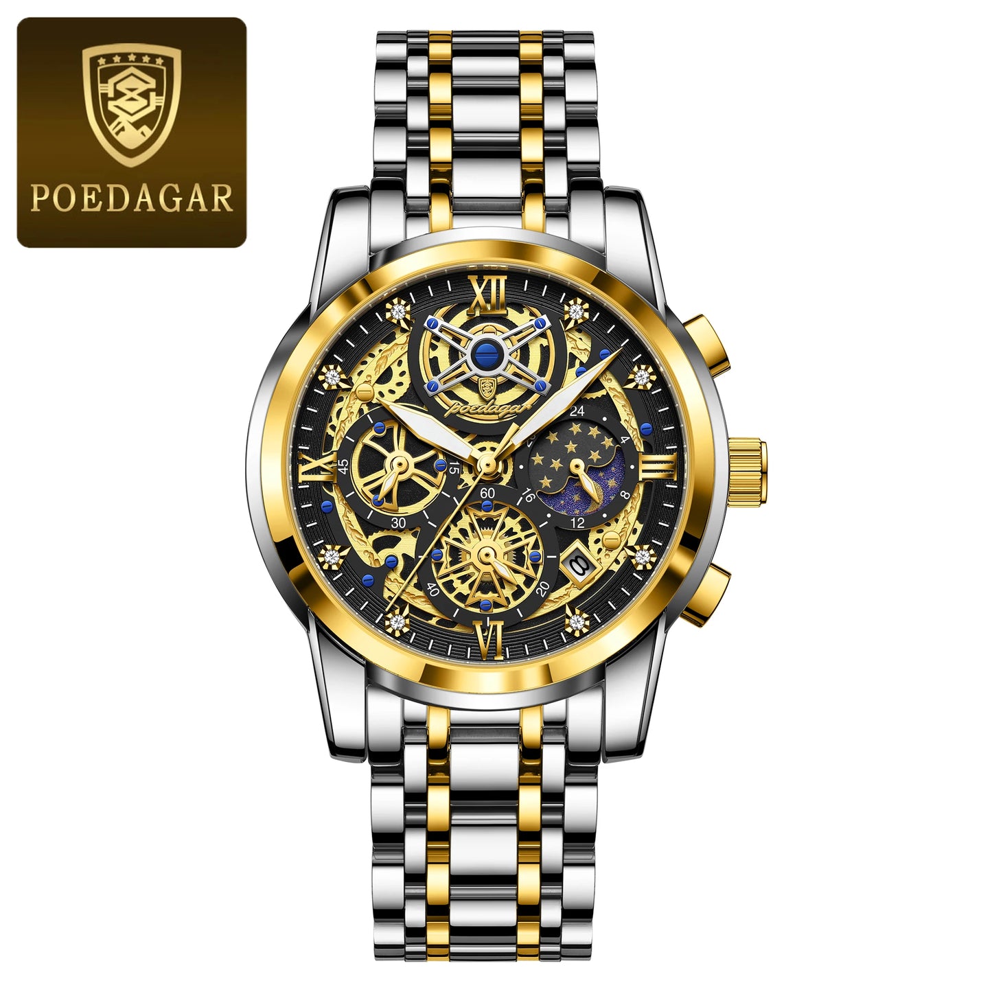 POEDAGAR Luxury Fashion Men's Stainless Steel+Chronograph Wristwatch