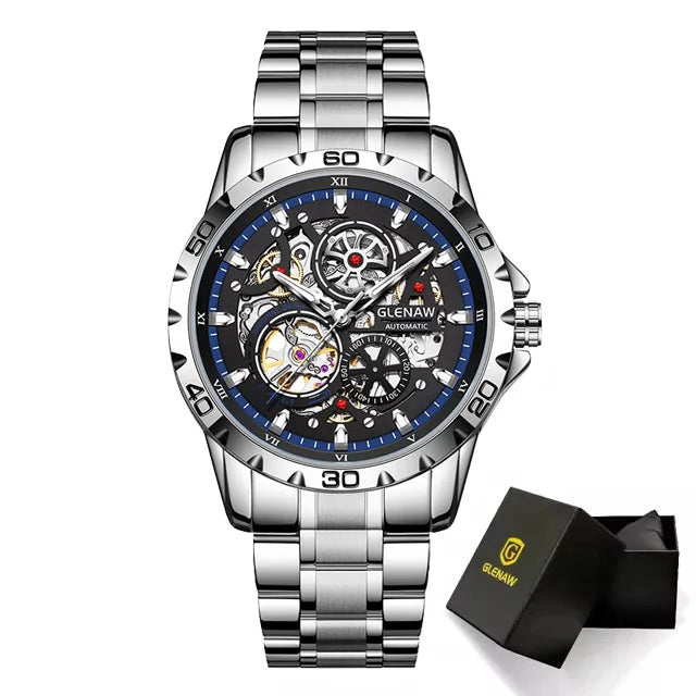 GLENAW Men's Steampunk Skeleton Waterproof Watch Luminous Stainless Steel Strap