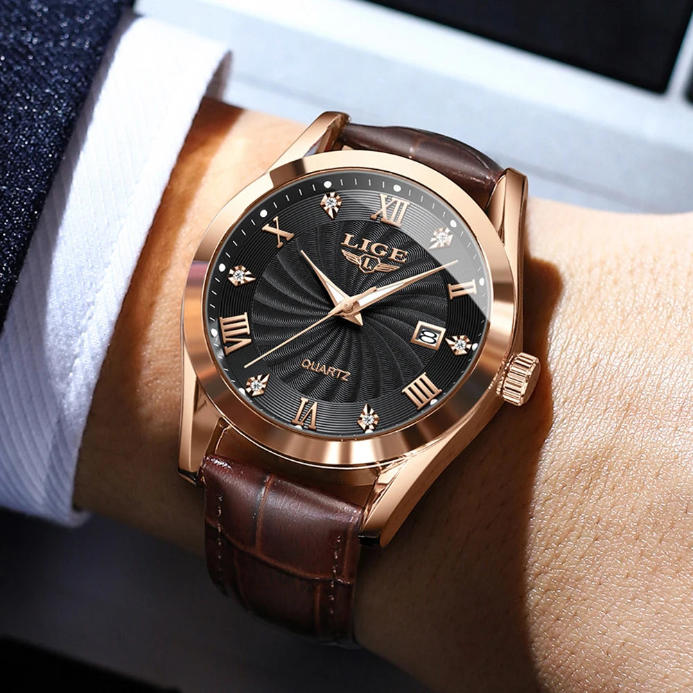 LIGE Men's Luxury Leather Sports Watch Waterproof Luminous