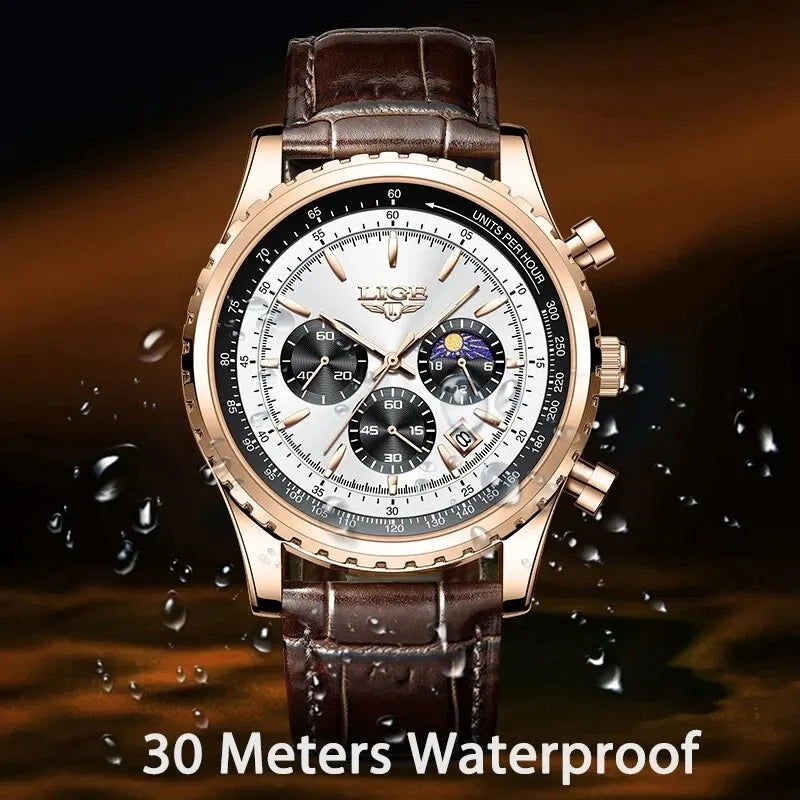 LIGE Men's Luxury Leather and Waterproof Wrist Watch