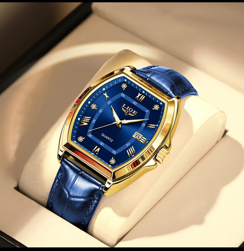 LIGE Men's Luxury Diamond Dial Leather Watch Waterproof Luminous